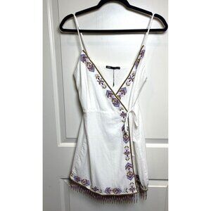 Zara Boho Embroidered Wrap Mini Dress w/Fringe Hem Sz Small  Chic*Festival*Beach